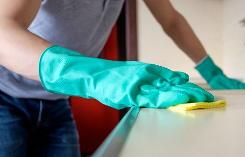 Close-up of carpet cleaning tools and solution used in a UK service