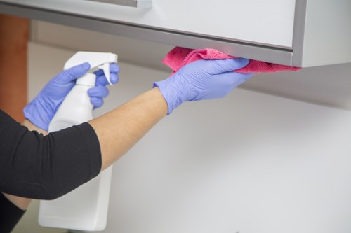 Cleaner reviewing service conditions before beginning work
